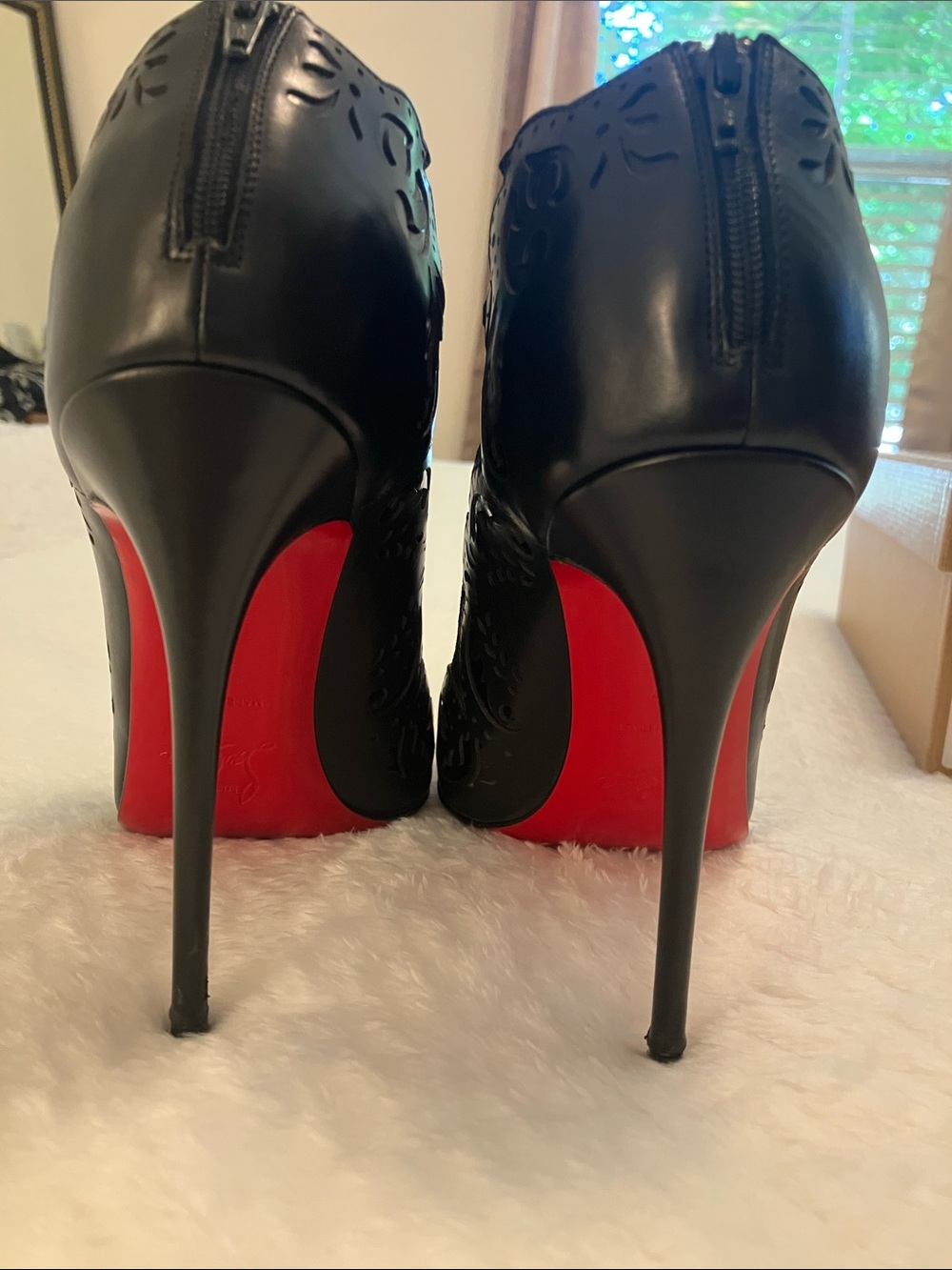 Christian Louboutin Black Laser-Cut Peep-Toe Stiletto Booties with Red Sole - Picture 9 of 10